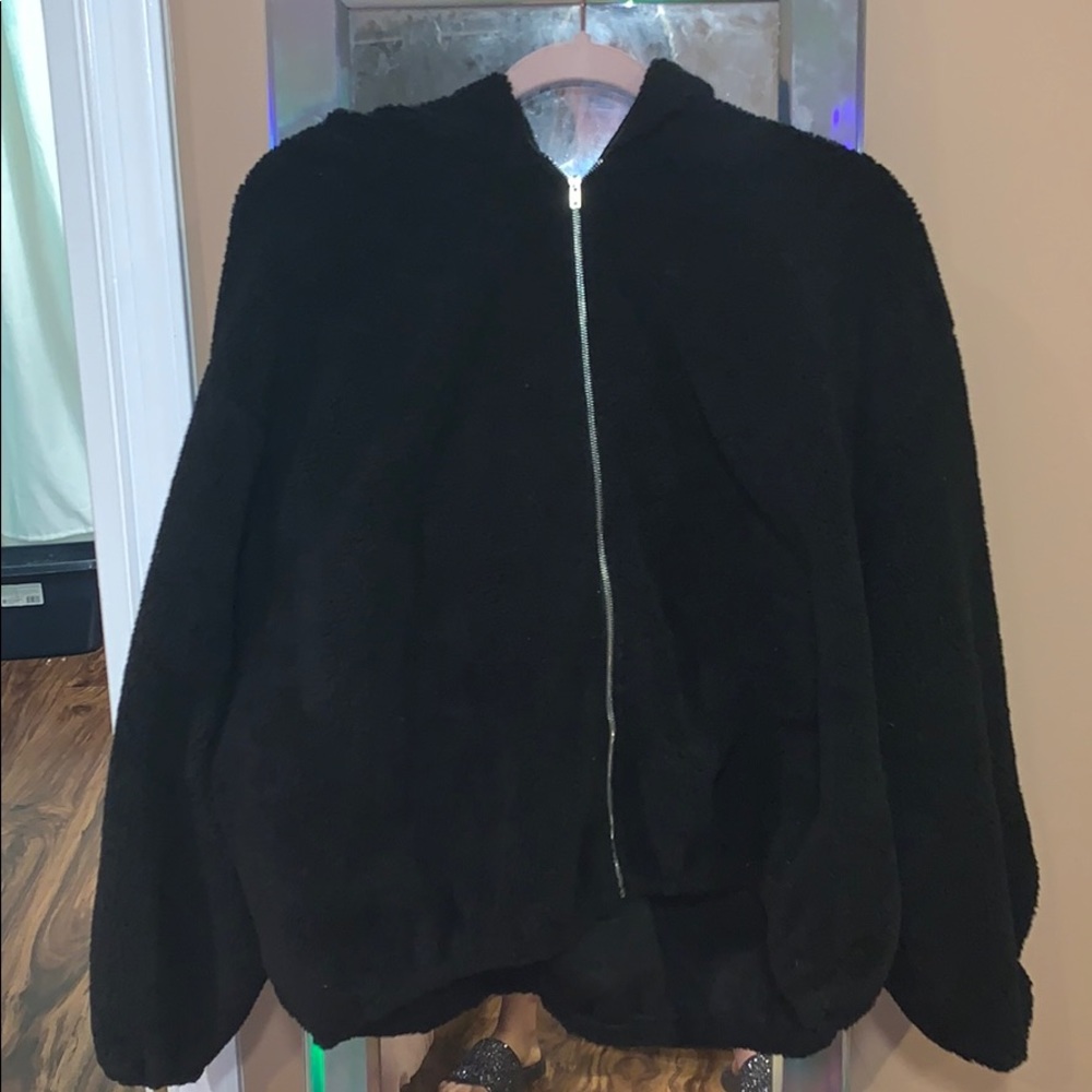 Shein black sheep skin hoodie jacket